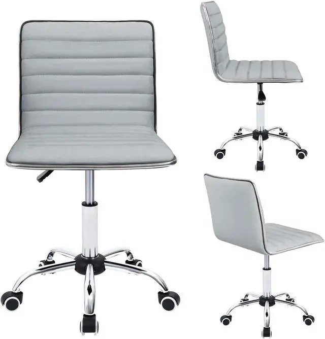 Alt view image 7 of 7 - Vanity Office Desk Chair with Wheels, Armless Small Cute Leather Makeup Computer Task Chair Adjustable Height 360° Swivel (Light Grey)