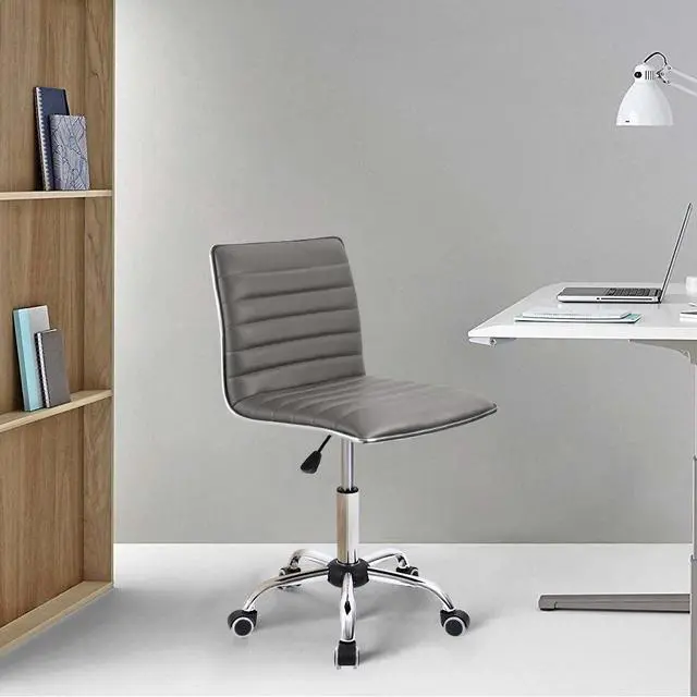 Alt view image 6 of 7 - Vanity Office Desk Chair with Wheels, Armless Small Cute Leather Makeup Computer Task Chair Adjustable Height 360° Swivel (Grey)