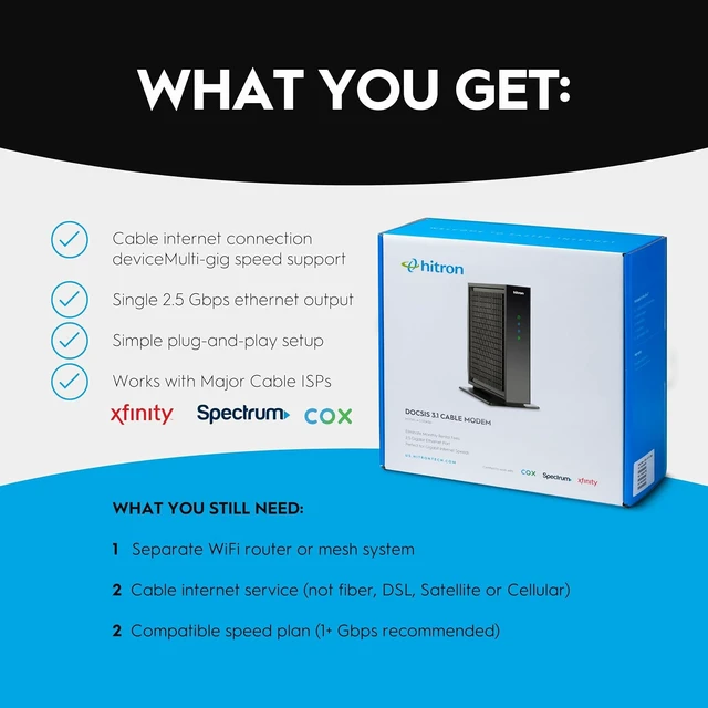 Alt view image 2 of 7 - CODA56 Cable Internet Modem ONLY - DOCSIS 3.1 | 2.5 Gbps | NO WiFi - Requires Router | Xfinity/Spectrum/Cox Compatible | NOT for Fiber/DSL