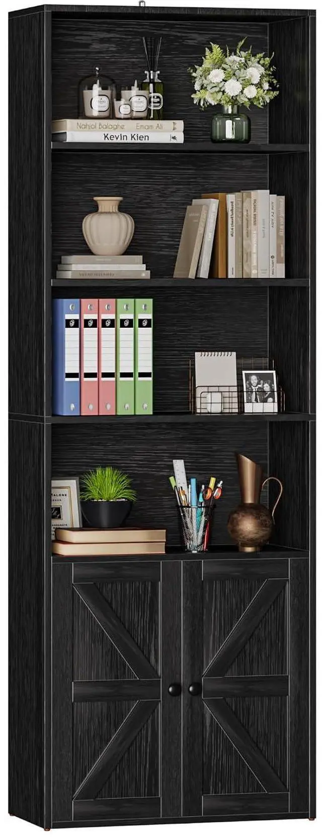 Main image of Industrial Bookshelf and Bookcases with Doors Modern Bookshelf Cabinet Tall Book Shelves Storage for Home Office, Bedroom (Deep Black)