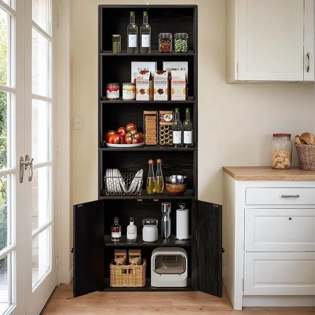 Alt view image 2 of 7 - Industrial Bookshelf and Bookcases with Doors Modern Bookshelf Cabinet Tall Book Shelves Storage for Home Office, Bedroom (Deep Black)