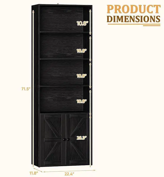Alt view image 3 of 7 - Industrial Bookshelf and Bookcases with Doors Modern Bookshelf Cabinet Tall Book Shelves Storage for Home Office, Bedroom (Deep Black)