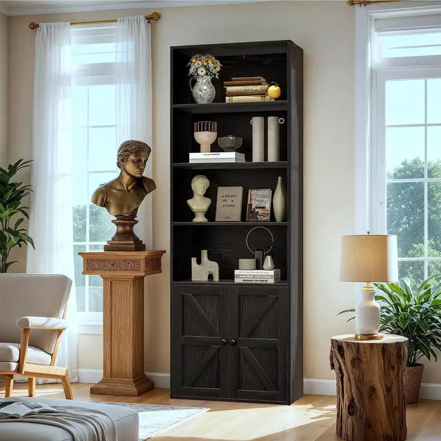 Alt view image 5 of 7 - Industrial Bookshelf and Bookcases with Doors Modern Bookshelf Cabinet Tall Book Shelves Storage for Home Office, Bedroom (Deep Black)