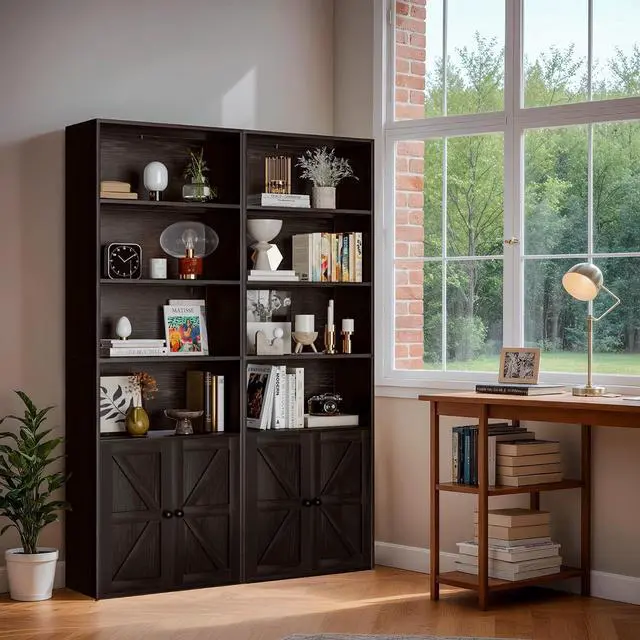 Alt view image 4 of 7 - Industrial Bookshelf and Bookcases with Doors Modern Bookshelf Cabinet Tall Book Shelves Storage for Home Office, Bedroom (Deep Black)