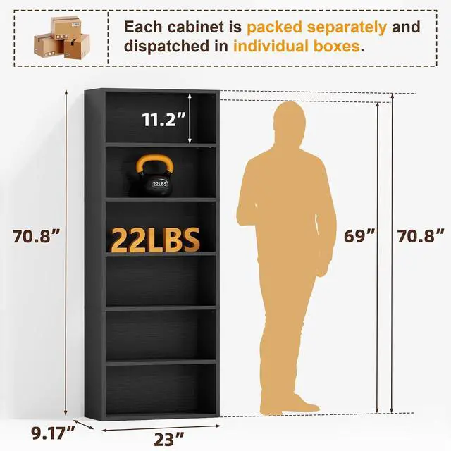 Alt view image 3 of 7 - 71" Tall Bookcase Bookshelves, 6 Tier Floor Standing Bookcases Open Frame, Modern Display Storage Organizer for Home Office, Living Room, Bedroom, Study Room (Black, 1 Pcs)