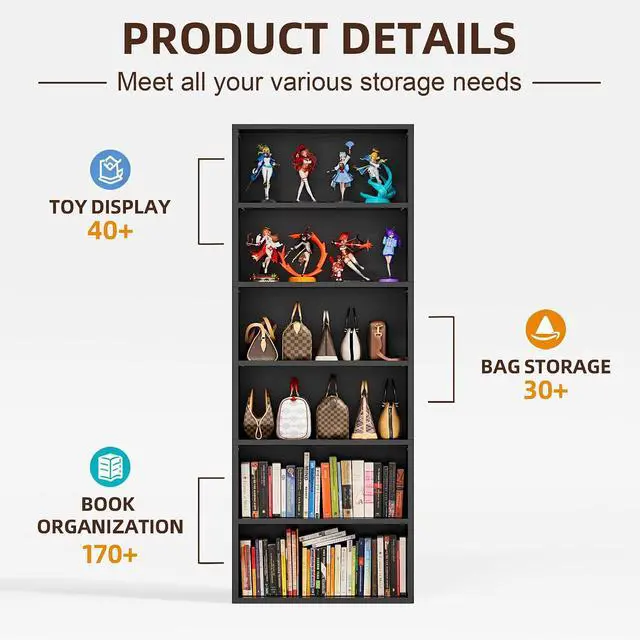 Alt view image 6 of 7 - 71" Tall Bookcase Bookshelves, 6 Tier Floor Standing Bookcases Open Frame, Modern Display Storage Organizer for Home Office, Living Room, Bedroom, Study Room (Black, 1 Pcs)