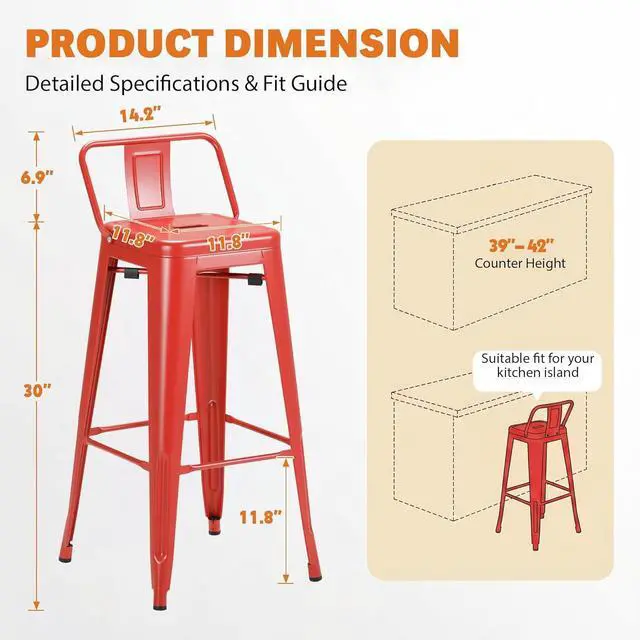 Alt view image 3 of 7 - 30 Inch Metal Bar Stools Set of 4, Counter Height Stools, Industrial Bar Chairs Patio Stool Stackable Stool for Kitchen/Dining Room/Indoor Outdoor(Red, 30'' Lower Back)