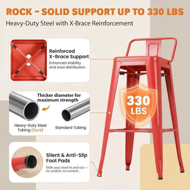 Alt view image 5 of 7 - 30 Inch Metal Bar Stools Set of 4, Counter Height Stools, Industrial Bar Chairs Patio Stool Stackable Stool for Kitchen/Dining Room/Indoor Outdoor(Red, 30'' Lower Back)