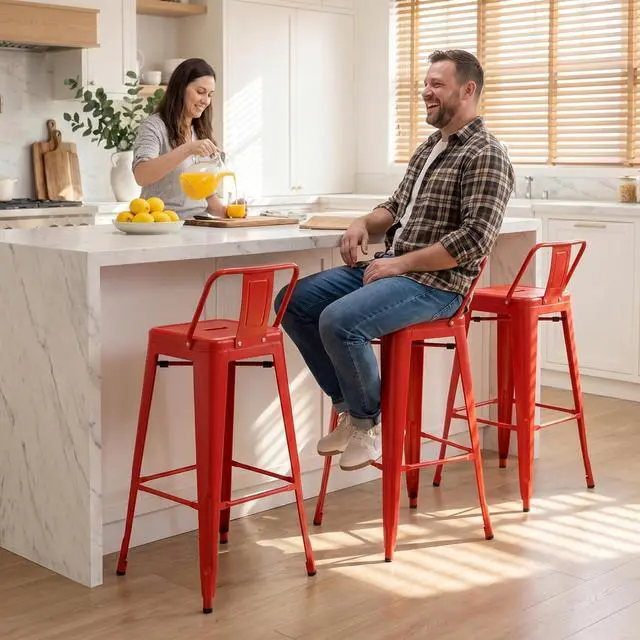 Alt view image 7 of 7 - 30 Inch Metal Bar Stools Set of 4, Counter Height Stools, Industrial Bar Chairs Patio Stool Stackable Stool for Kitchen/Dining Room/Indoor Outdoor(Red, 30'' Lower Back)