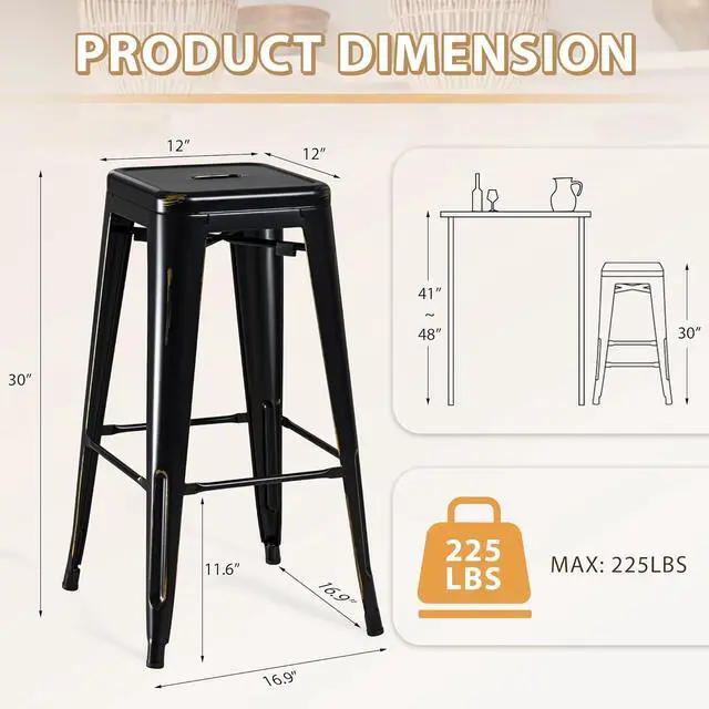 Alt view image 3 of 7 - 30 Inch Metal Bar Stools Set of 4, Counter Height Stools, Industrial Bar Chairs Patio Stool Stackable Stool for Kitchen/Dining Room/Indoor Outdoor(Black Gold, 30'' Backless)