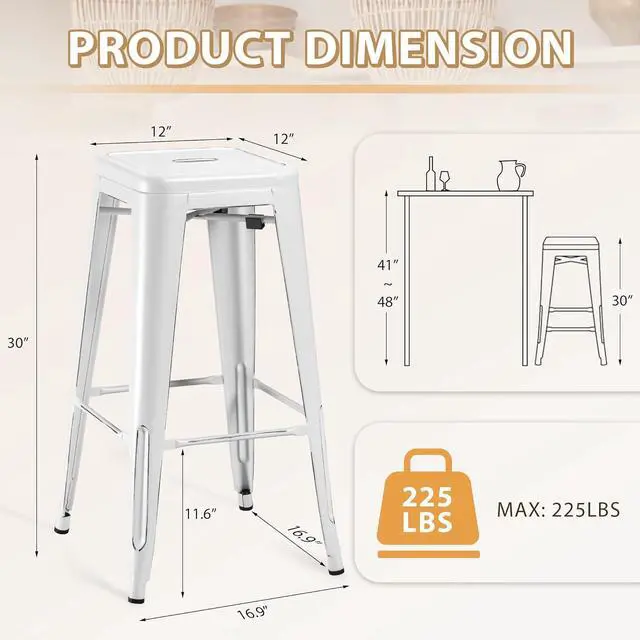 Alt view image 3 of 7 - 30 Inch Metal Bar Stools Set of 4, Counter Height Stools, Industrial Bar Chairs Patio Stool Stackable Stool for Kitchen/Dining Room/Indoor Outdoor(Distressed White, 30'' Backless)