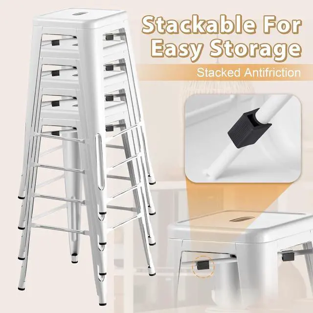 Alt view image 5 of 7 - 30 Inch Metal Bar Stools Set of 4, Counter Height Stools, Industrial Bar Chairs Patio Stool Stackable Stool for Kitchen/Dining Room/Indoor Outdoor(Distressed White, 30'' Backless)