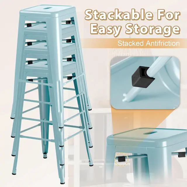 Alt view image 5 of 7 - 30 Inch Metal Bar Stools Set of 4, Counter Height Stools, Industrial Bar Chairs Patio Stool Stackable Stool for Kitchen/Dining Room/Indoor Outdoor(Blue, 30'' Backless)