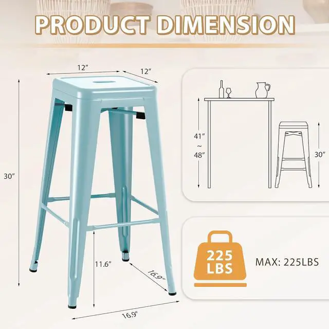 Alt view image 3 of 7 - 30 Inch Metal Bar Stools Set of 4, Counter Height Stools, Industrial Bar Chairs Patio Stool Stackable Stool for Kitchen/Dining Room/Indoor Outdoor(Blue, 30'' Backless)