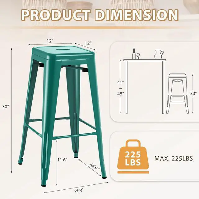 Alt view image 3 of 7 - 30 Inch Metal Bar Stools Set of 4, Counter Height Stools, Industrial Bar Chairs Patio Stool Stackable Stool for Kitchen/Dining Room/Indoor Outdoor(Green, 30'' Backless)