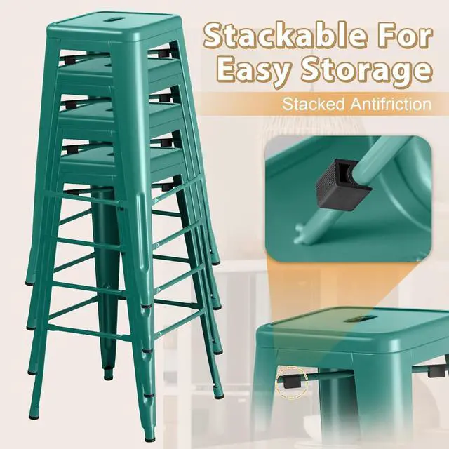 Alt view image 5 of 7 - 30 Inch Metal Bar Stools Set of 4, Counter Height Stools, Industrial Bar Chairs Patio Stool Stackable Stool for Kitchen/Dining Room/Indoor Outdoor(Green, 30'' Backless)