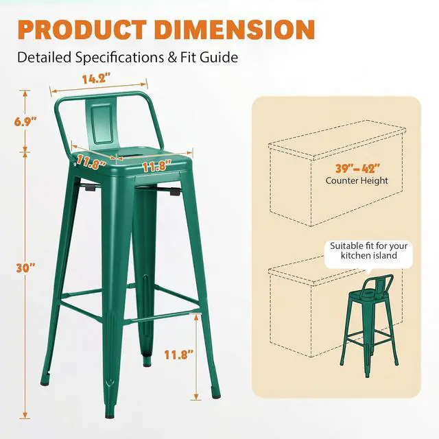Alt view image 3 of 7 - 30 Inch Metal Bar Stools Set of 4, Counter Height Stools, Industrial Bar Chairs Patio Stool Stackable Stool for Kitchen/Dining Room/Indoor Outdoor(Green, 30'' Lower Back)