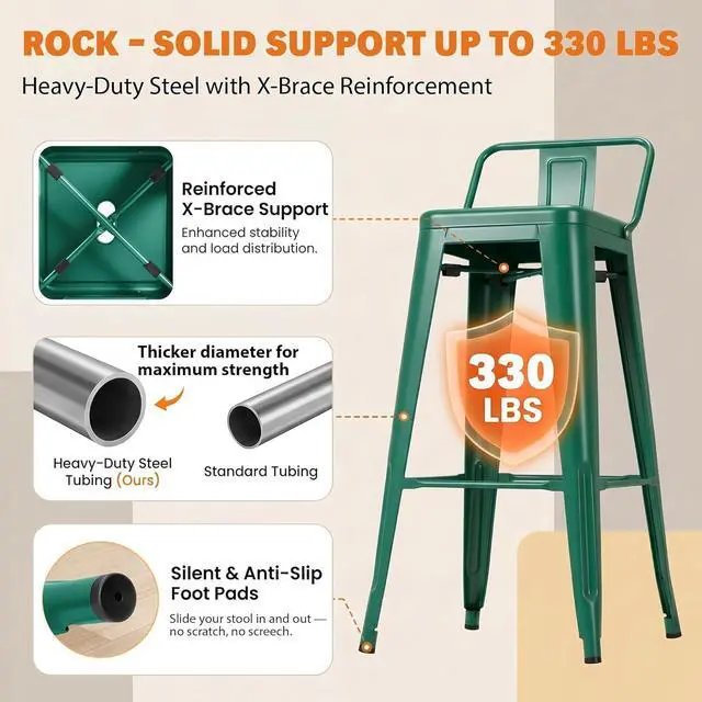 Alt view image 5 of 7 - 30 Inch Metal Bar Stools Set of 4, Counter Height Stools, Industrial Bar Chairs Patio Stool Stackable Stool for Kitchen/Dining Room/Indoor Outdoor(Green, 30'' Lower Back)
