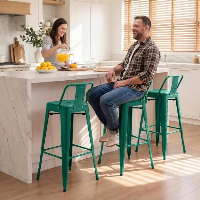 Alt view image 7 of 7 - 30 Inch Metal Bar Stools Set of 4, Counter Height Stools, Industrial Bar Chairs Patio Stool Stackable Stool for Kitchen/Dining Room/Indoor Outdoor(Green, 30'' Lower Back)