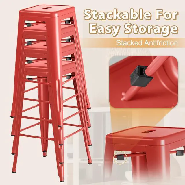 Alt view image 5 of 7 - 30 Inch Metal Bar Stools Set of 4, Counter Height Stools, Industrial Bar Chairs Patio Stool Stackable Stool for Kitchen/Dining Room/Indoor Outdoor(Red, 30'' Backless)