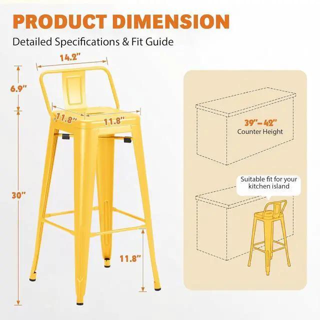 Alt view image 3 of 7 - 30 Inch Metal Bar Stools Set of 4, Counter Height Stools, Industrial Bar Chairs Patio Stool Stackable Stool for Kitchen/Dining Room/Indoor Outdoor(Yellow, 30'' Lower Back)