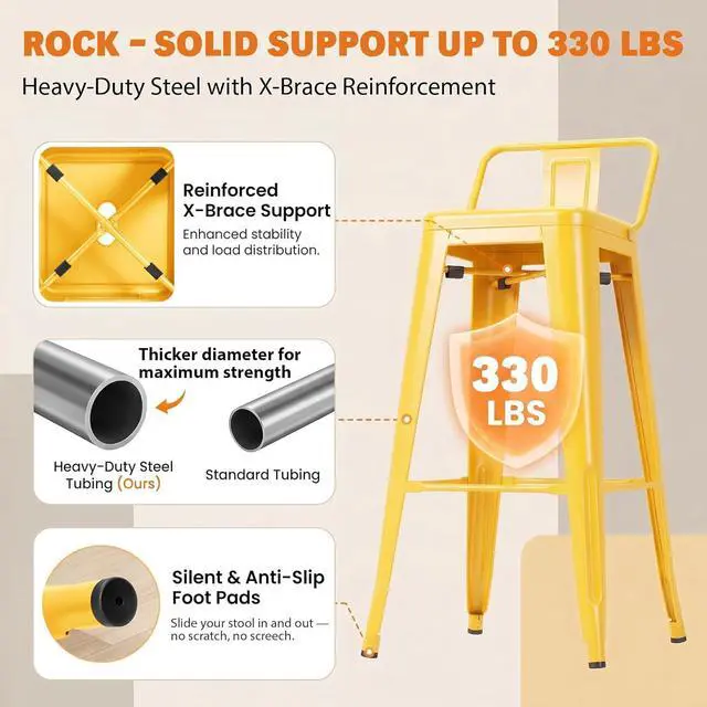 Alt view image 5 of 7 - 30 Inch Metal Bar Stools Set of 4, Counter Height Stools, Industrial Bar Chairs Patio Stool Stackable Stool for Kitchen/Dining Room/Indoor Outdoor(Yellow, 30'' Lower Back)