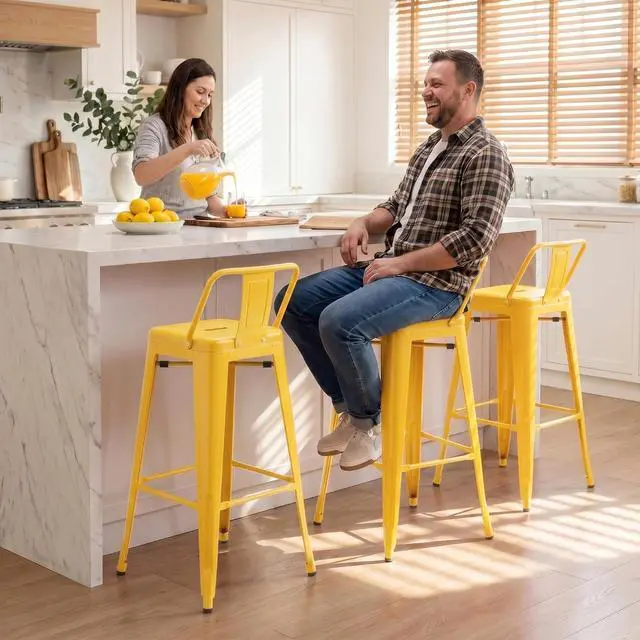 Alt view image 7 of 7 - 30 Inch Metal Bar Stools Set of 4, Counter Height Stools, Industrial Bar Chairs Patio Stool Stackable Stool for Kitchen/Dining Room/Indoor Outdoor(Yellow, 30'' Lower Back)