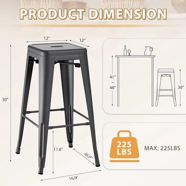 Alt view image 3 of 7 - 30 Inch Metal Bar Stools Set of 4, Counter Height Stools, Industrial Bar Chairs Patio Stool Stackable Stool for Kitchen/Dining Room/Indoor Outdoor(Gray, 30'' Backless)