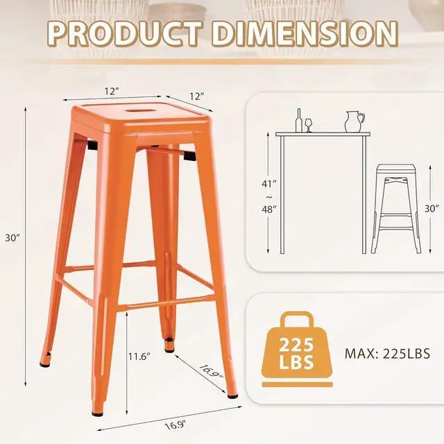 Alt view image 3 of 7 - 30 Inch Metal Bar Stools Set of 4, Counter Height Stools, Industrial Bar Chairs Patio Stool Stackable Stool for Kitchen/Dining Room/Indoor Outdoor(Orange, 30'' Backless)