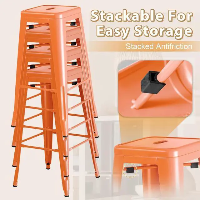 Alt view image 5 of 7 - 30 Inch Metal Bar Stools Set of 4, Counter Height Stools, Industrial Bar Chairs Patio Stool Stackable Stool for Kitchen/Dining Room/Indoor Outdoor(Orange, 30'' Backless)