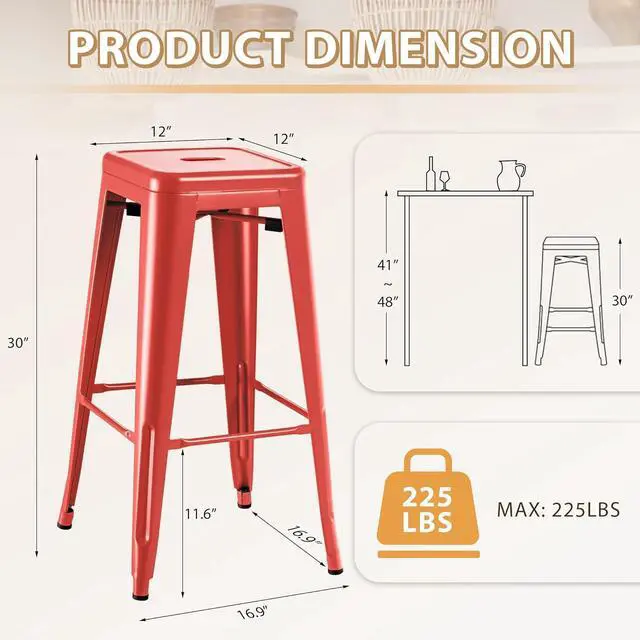 Alt view image 3 of 7 - 30 Inch Metal Bar Stools Set of 4, Counter Height Stools, Industrial Bar Chairs Patio Stool Stackable Stool for Kitchen/Dining Room/Indoor Outdoor(Red, 30'' Backless)
