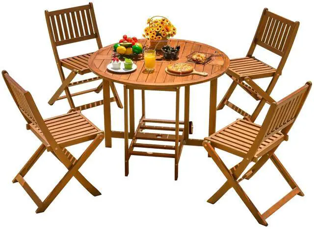 Main image of 5 PCS Patio Furniture, Patio Dining Set Acacia Wood Outdoor Table and Chairs, with 4 Folding Chairs and 37" Round Movable Table, Outdoor Dining Set for Lawn, Balcony, Garden (Light Brown)