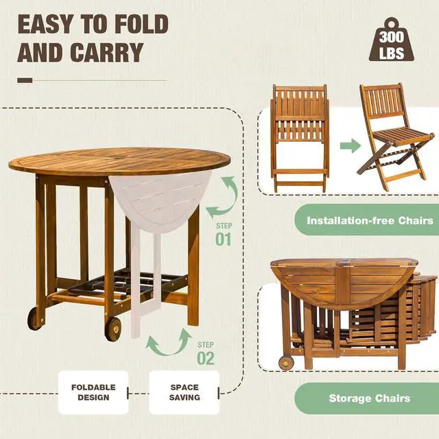 Alt view image 3 of 7 - 5 PCS Patio Furniture, Patio Dining Set Acacia Wood Outdoor Table and Chairs, with 4 Folding Chairs and 37" Round Movable Table, Outdoor Dining Set for Lawn, Balcony, Garden (Light Brown)
