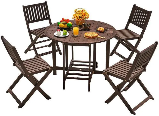 Main image of 5 PCS Patio Furniture, Patio Dining Set Acacia Wood Outdoor Table and Chairs, with 4 Folding Chairs and 37" Round Movable Table, Outdoor Dining Set for Lawn, Balcony, Garden (Deep Brown)