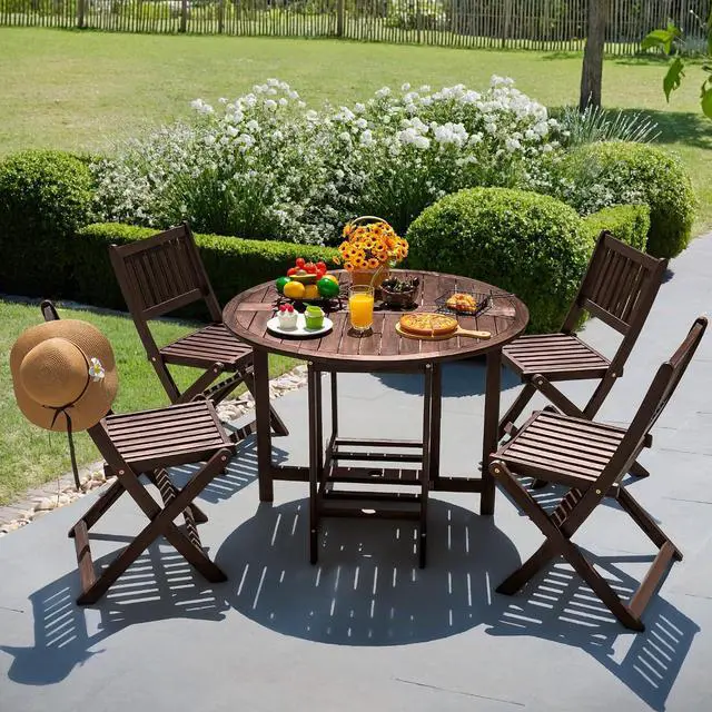 Alt view image 2 of 7 - 5 PCS Patio Furniture, Patio Dining Set Acacia Wood Outdoor Table and Chairs, with 4 Folding Chairs and 37" Round Movable Table, Outdoor Dining Set for Lawn, Balcony, Garden (Deep Brown)