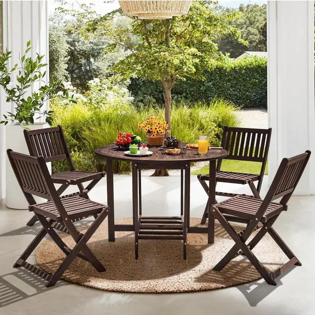 Alt view image 3 of 7 - 5 PCS Patio Furniture, Patio Dining Set Acacia Wood Outdoor Table and Chairs, with 4 Folding Chairs and 37" Round Movable Table, Outdoor Dining Set for Lawn, Balcony, Garden (Deep Brown)