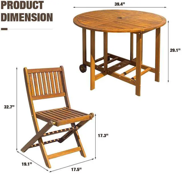 Alt view image 5 of 7 - 5 PCS Patio Furniture, Patio Dining Set Acacia Wood Outdoor Table and Chairs, with 4 Folding Chairs and 37" Round Movable Table, Outdoor Dining Set for Lawn, Balcony, Garden (Light Brown)