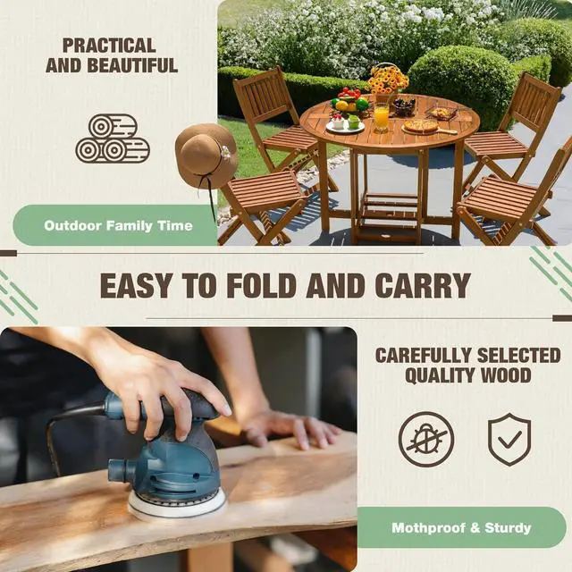 Alt view image 4 of 7 - 5 PCS Patio Furniture, Patio Dining Set Acacia Wood Outdoor Table and Chairs, with 4 Folding Chairs and 37" Round Movable Table, Outdoor Dining Set for Lawn, Balcony, Garden (Light Brown)