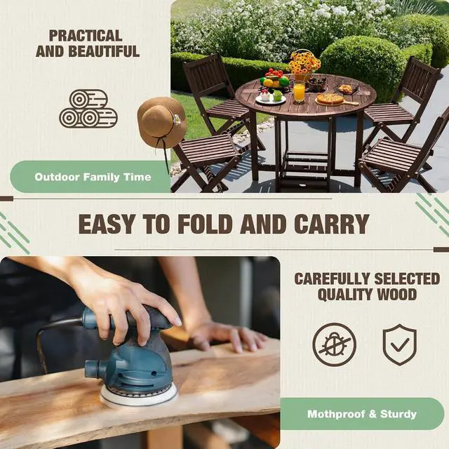 Alt view image 6 of 7 - 5 PCS Patio Furniture, Patio Dining Set Acacia Wood Outdoor Table and Chairs, with 4 Folding Chairs and 37" Round Movable Table, Outdoor Dining Set for Lawn, Balcony, Garden (Deep Brown)