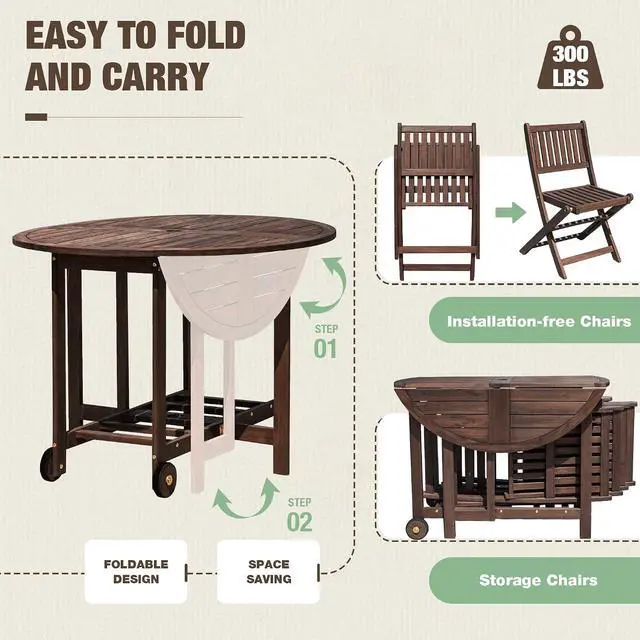 Alt view image 5 of 7 - 5 PCS Patio Furniture, Patio Dining Set Acacia Wood Outdoor Table and Chairs, with 4 Folding Chairs and 37" Round Movable Table, Outdoor Dining Set for Lawn, Balcony, Garden (Deep Brown)