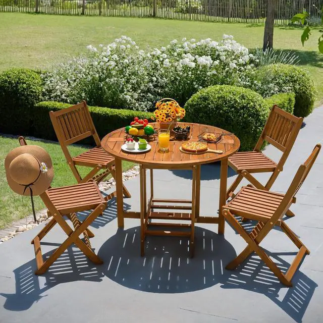Alt view image 6 of 7 - 5 PCS Patio Furniture, Patio Dining Set Acacia Wood Outdoor Table and Chairs, with 4 Folding Chairs and 37" Round Movable Table, Outdoor Dining Set for Lawn, Balcony, Garden (Light Brown)
