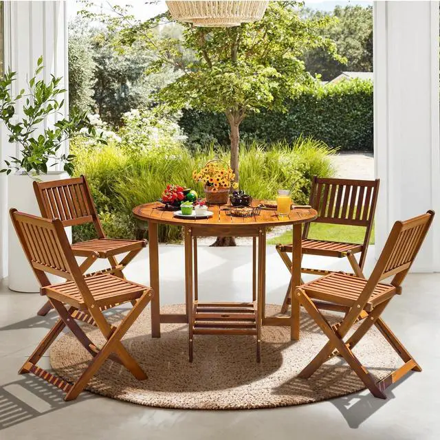 Alt view image 7 of 7 - 5 PCS Patio Furniture, Patio Dining Set Acacia Wood Outdoor Table and Chairs, with 4 Folding Chairs and 37" Round Movable Table, Outdoor Dining Set for Lawn, Balcony, Garden (Light Brown)