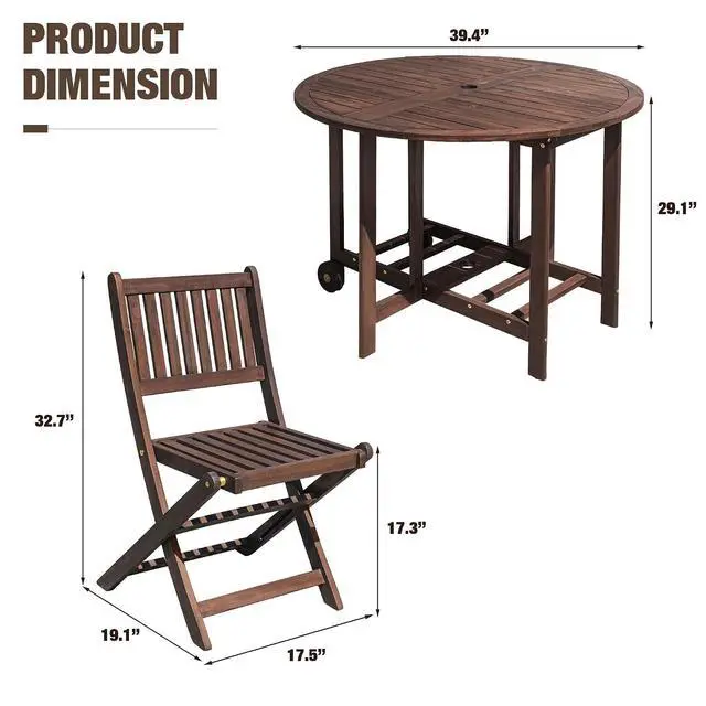 Alt view image 7 of 7 - 5 PCS Patio Furniture, Patio Dining Set Acacia Wood Outdoor Table and Chairs, with 4 Folding Chairs and 37" Round Movable Table, Outdoor Dining Set for Lawn, Balcony, Garden (Deep Brown)