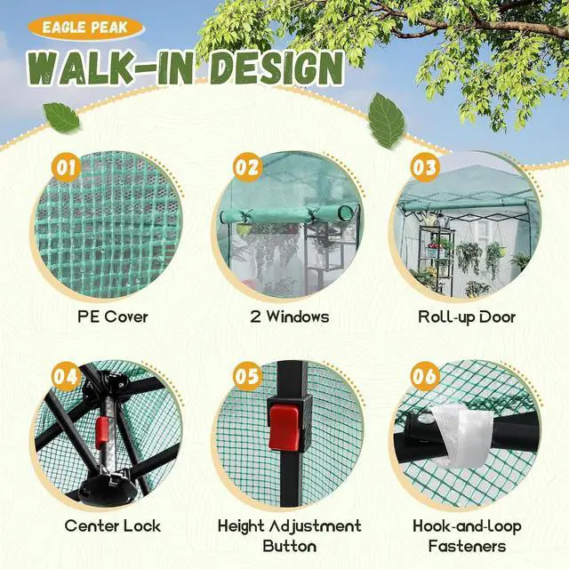 Alt view image 4 of 7 - Walk-in Greenhouse, Instant Pop Up Green House for Outdoors with Zippered Door and 2 Roll-up Windows, PE Cover, Portable and Easy Assemble (Green, 8x6 Feet)