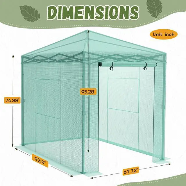 Alt view image 6 of 7 - Walk-in Greenhouse, Instant Pop Up Green House for Outdoors with Zippered Door and 2 Roll-up Windows, PE Cover, Portable and Easy Assemble (Green, 8x6 Feet)