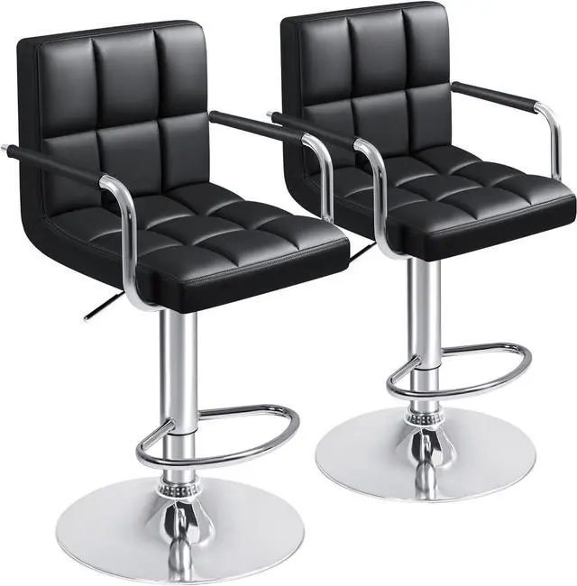 Main image of Bar Stools with Armrest Modern PU Leather Swivel Adjustable Hydraulic Bar Stool X-Large Base and Seat Square Counter Height Stool Set of 2 (Black)