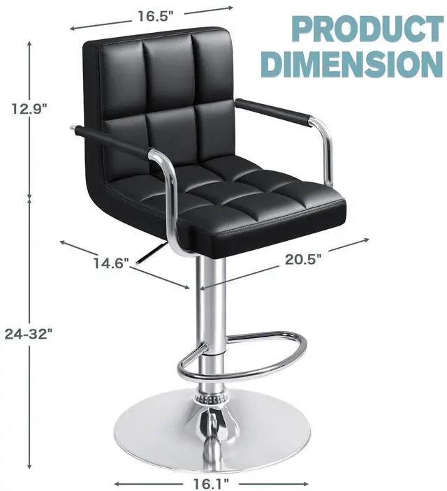 Alt view image 3 of 7 - Bar Stools with Armrest Modern PU Leather Swivel Adjustable Hydraulic Bar Stool X-Large Base and Seat Square Counter Height Stool Set of 2 (Black)