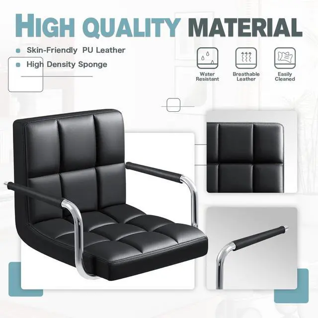Alt view image 5 of 7 - Bar Stools with Armrest Modern PU Leather Swivel Adjustable Hydraulic Bar Stool X-Large Base and Seat Square Counter Height Stool Set of 2 (Black)
