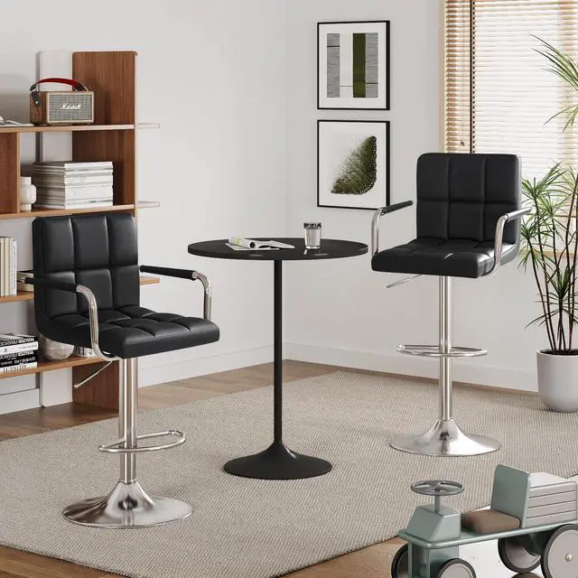 Alt view image 7 of 7 - Bar Stools with Armrest Modern PU Leather Swivel Adjustable Hydraulic Bar Stool X-Large Base and Seat Square Counter Height Stool Set of 2 (Black)