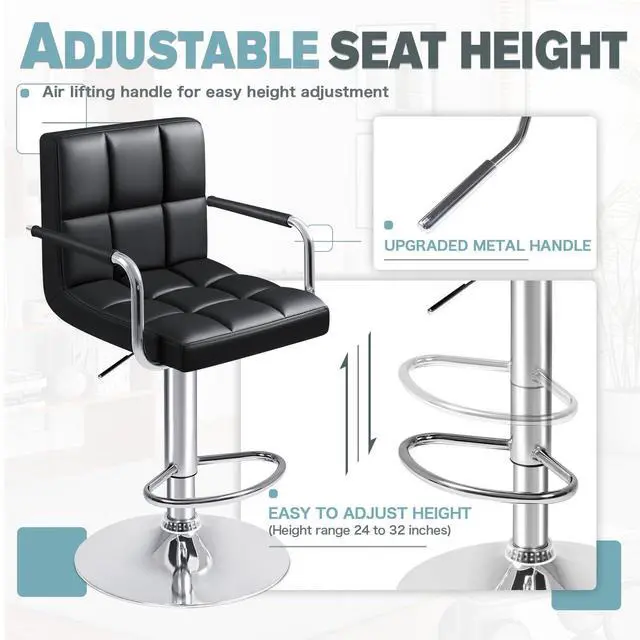Alt view image 6 of 7 - Bar Stools with Armrest Modern PU Leather Swivel Adjustable Hydraulic Bar Stool X-Large Base and Seat Square Counter Height Stool Set of 2 (Black)